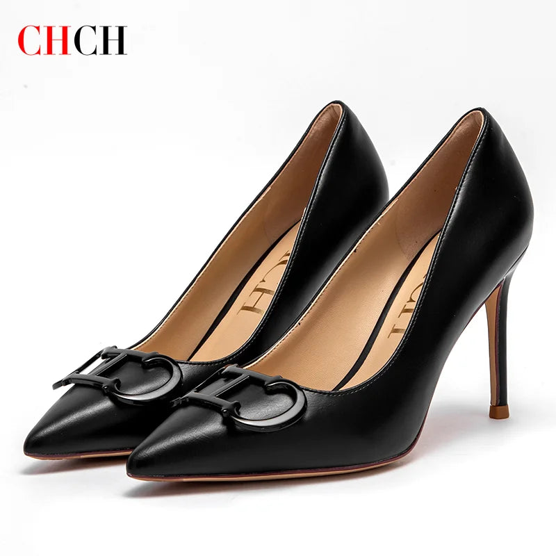 Women's high-heeled shoes, pointed metal buckle