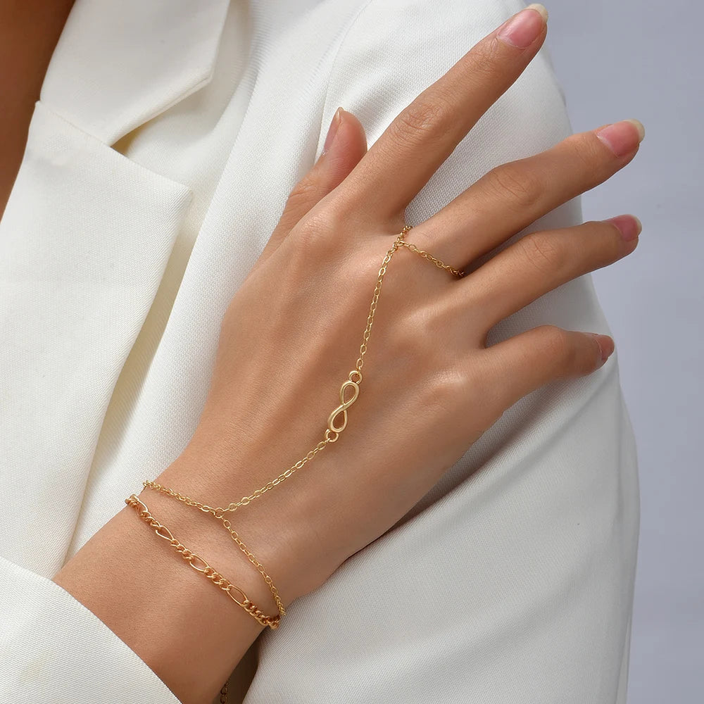 Chain bracelet finger rings gold color